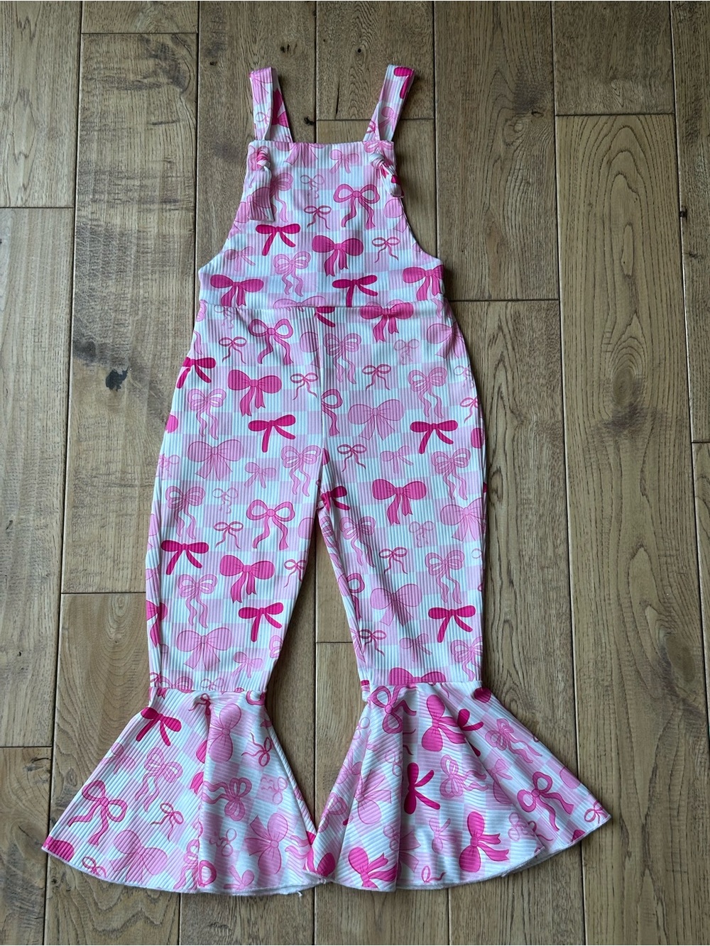 Boutique Pink Bow Print Bell Bottom Jumpsuit size 120 or 5/6